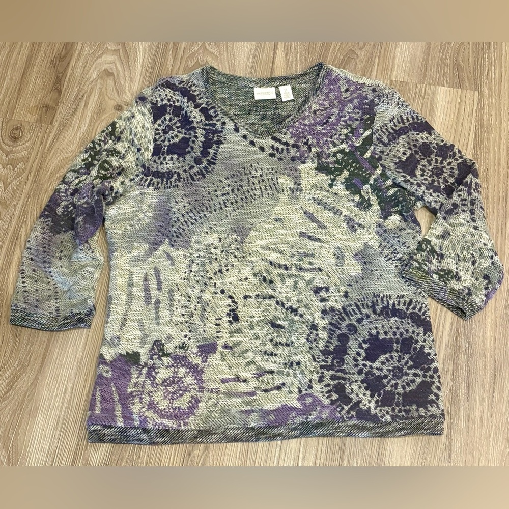 Chico's Weekends V-Neck Pattern Pullover Knit Sweater in‎ Purple and Gray size 2